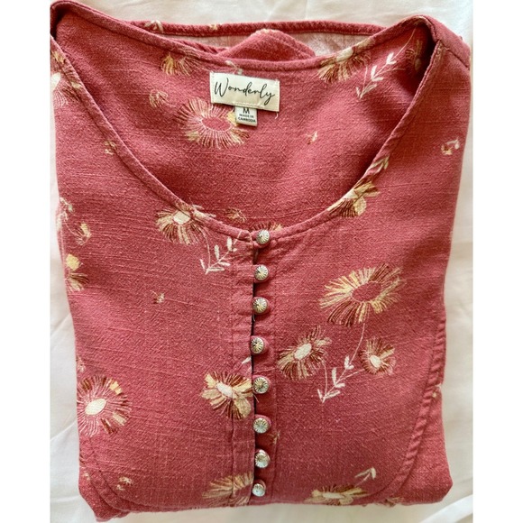 Wonderly Tops - Wonderly Womens Coral Floral Linen Blend Puff Sleeve Button Front Blouse Medium